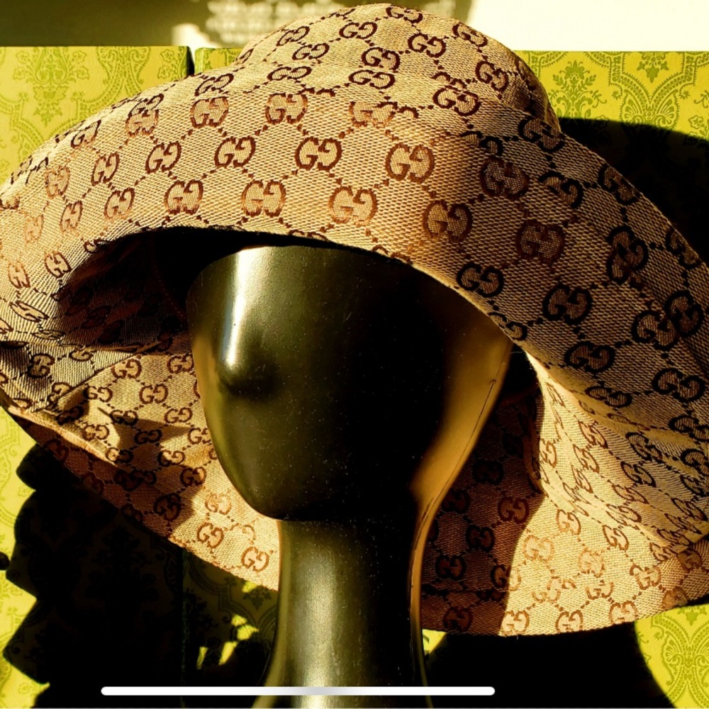 Beige Wide Brim Large Jacquard Canvas Monogram Bucket Hat Sun Coverage Beach New - Picture 7 of 16